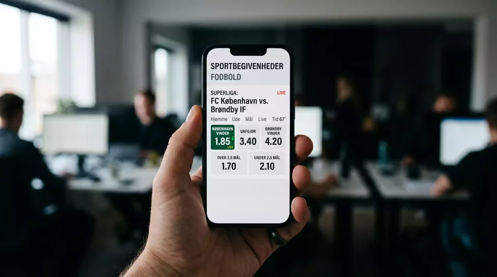 Smartphone i hånd med sportsbook-app med live-odds på fodbold