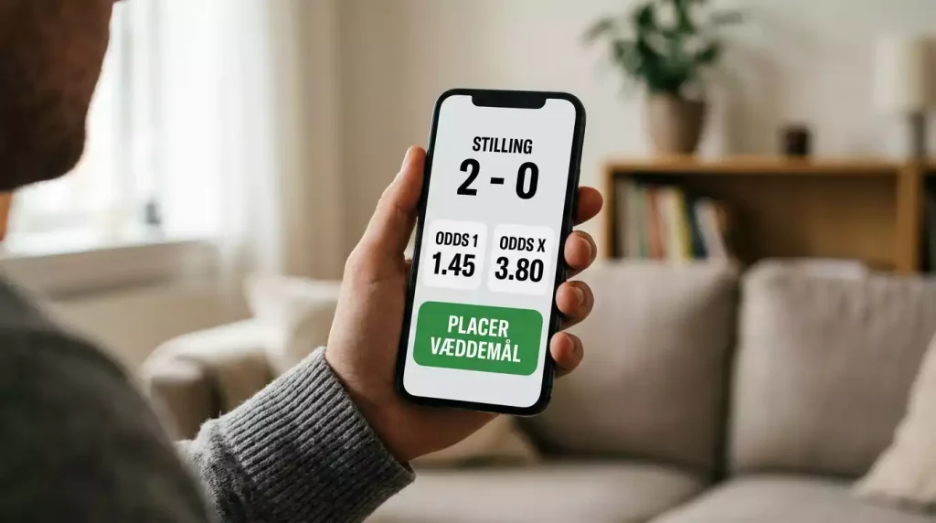 Smartphone med live-fodboldkamp og cashout-knap på sportsbook-app
