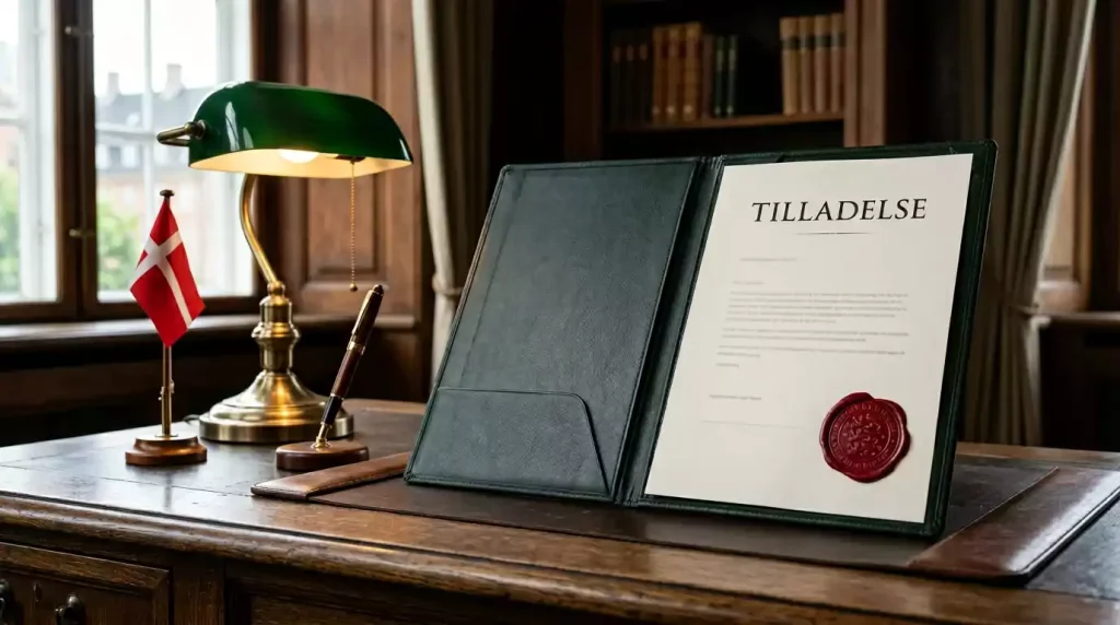Klassisk dansk kontorbord med åben tilladelsesmappe og officielt dokument om dansk spillelicens i varmt lys