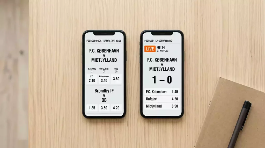 To smartphones ved siden af hinanden med pre-match og live-odds