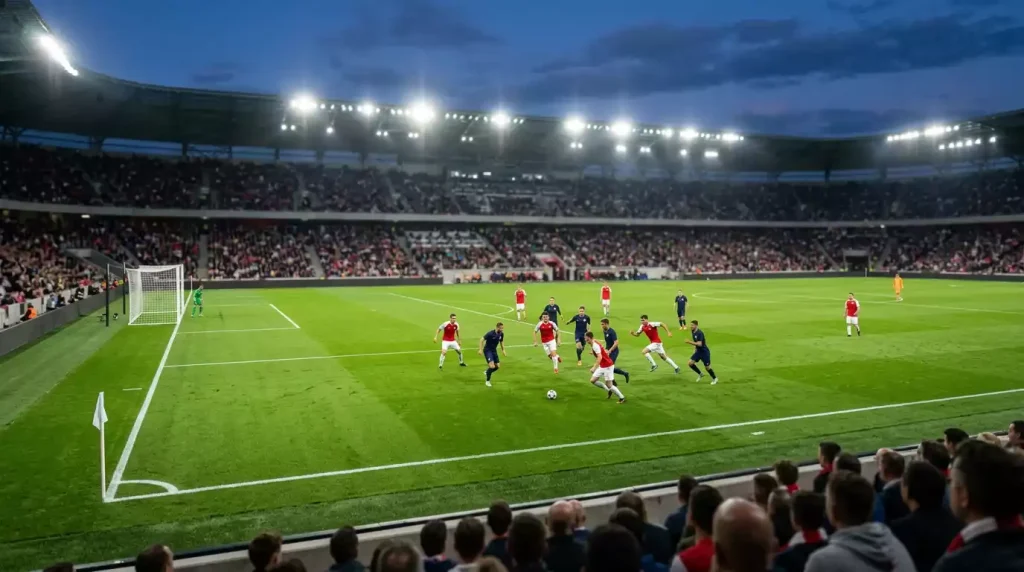 Aftenkamp i Superligaen set fra tribunen med grønt naturgræs og dramatisk stadionlys