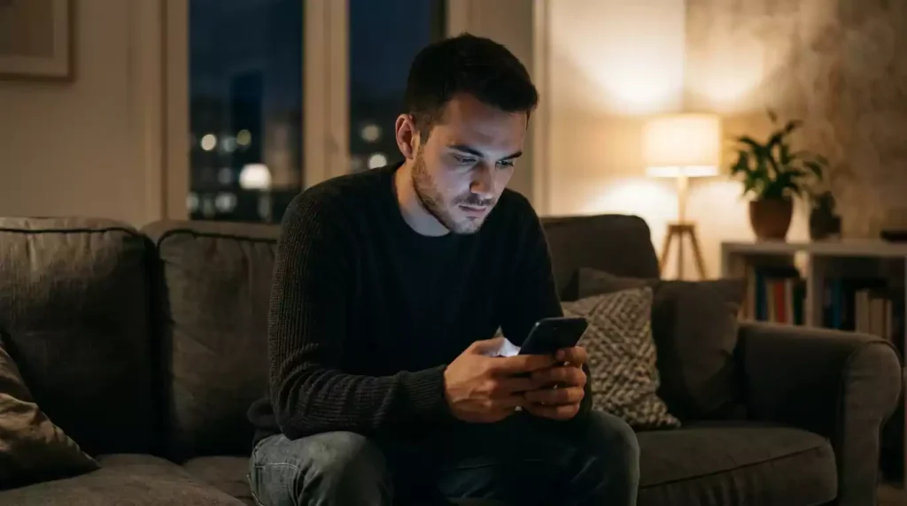 Ung mand alene med smartphone sent om aftenen i sofaen
