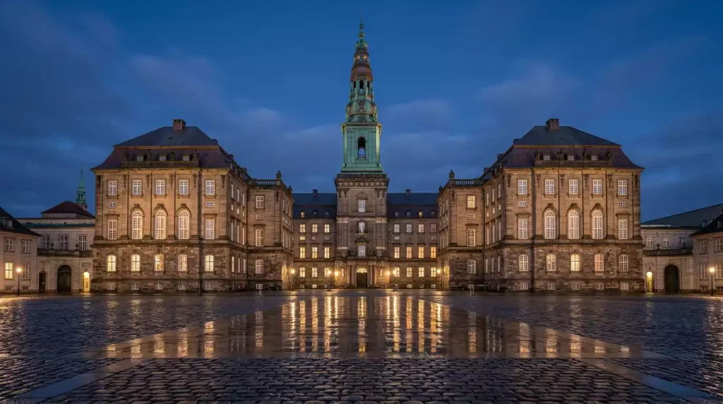 Christiansborg i København ved blå time med oplyste vinduer og regnvåde brosten