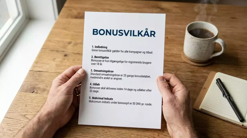 Hænder læser trykt dokument med bonusvilkår ved cafébord med kaffekop i morgenlys